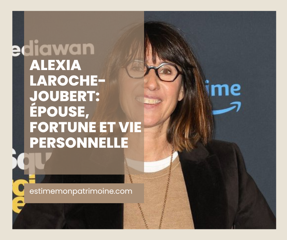 Alexia Laroche-Joubert floutée avec texte "ALEXIA LAROCHE-JOUBERT: ÉPOUSE, FORTUNE ET VIE PERSONNELLE" et logos de mediawan et Prime Video.