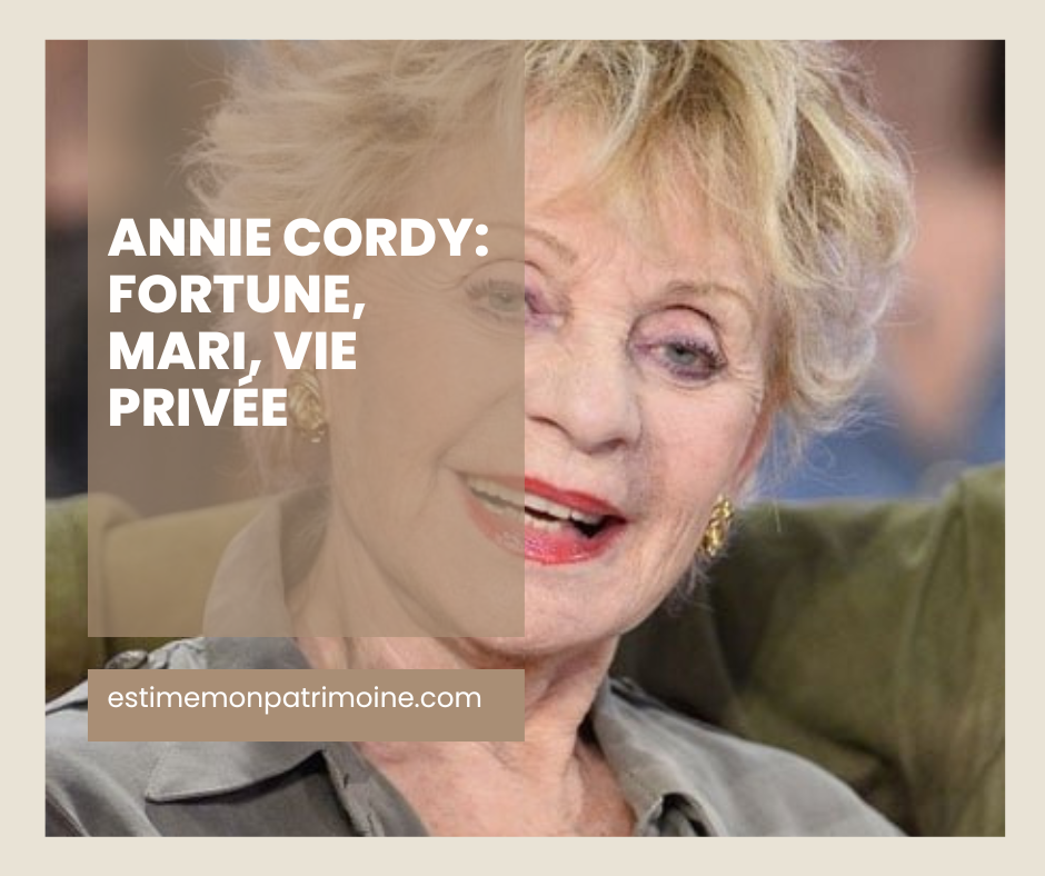 Personne floutée avec texte "ANNIE CO... FORTUNE, MARI, VIE PRIVÉE" et site web "estimemonpatrimoine.com".