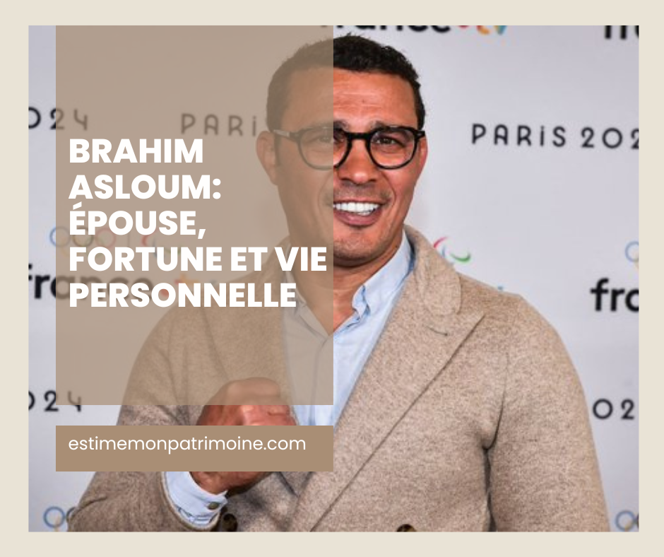 Homme en manteau beige avec texte superposé "Brahim Asloum: épouse, fortune et vie personnelle" et "estimemonpatrimoine.com".