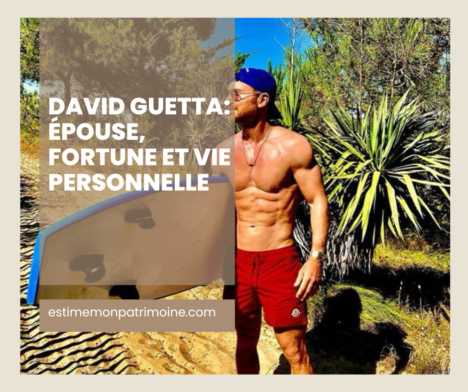 Homme musclé en short rouge debout à côté d'une planche de surf avec des plantes en arrière-plan. Texte en surimpression : "David Guetta: épouse, fortune et vie personnelle".