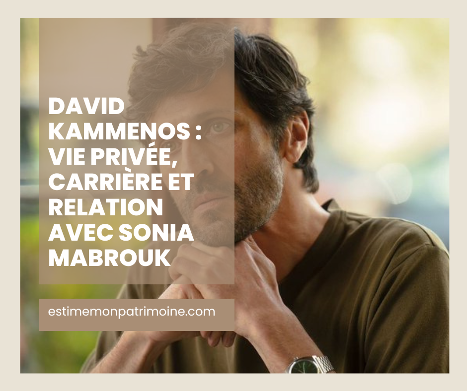 Homme en t-shirt vert avec visage flouté, texte "David Kammen : Vie privée, carrière, relation avec Sonia Mabrouk", et site web estimemonpatrimoine.com.