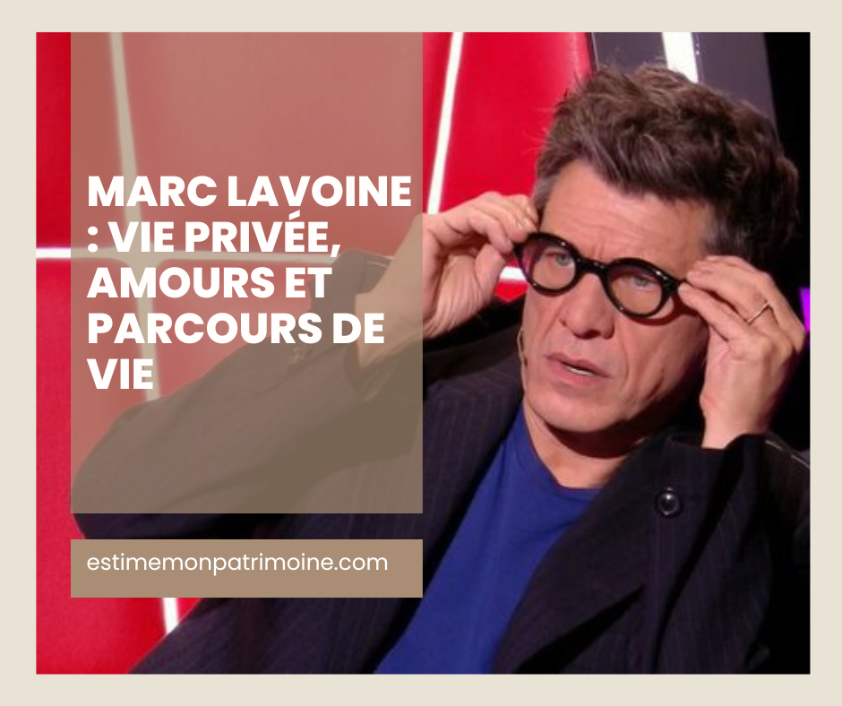 Image floutée d'une personne ajustant ses lunettes, avec un texte en surimpression : "Marc Lavoine : Vie privée, amours et parcours de vie". En bas, l'adresse du site web "estimemonpatrimoine.com".