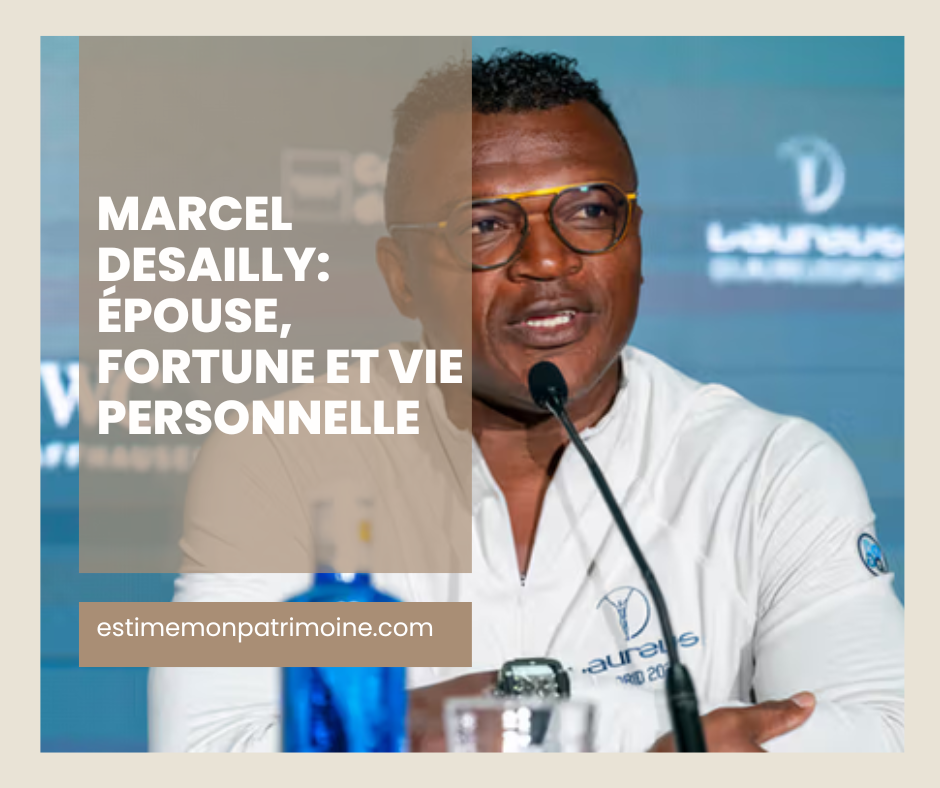 Marcel Desailly en chemise blanche avec un micro devant lui, texte en surimpression.