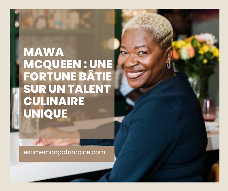 Eine Person sitzt an einem Tisch in einem Restaurant. Der Text auf dem Bild lautet: "Mawa McQueen: Eine Fortune bâtie sur un talent culinaire unique."